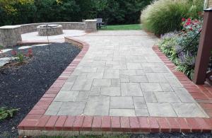 Patio with red brick border