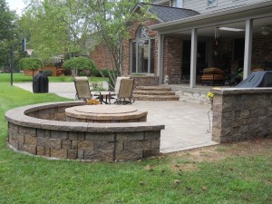 rounded brick patio with seating                                 
